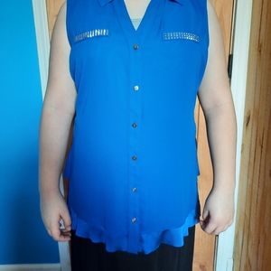 Alfani Womens Sleeveless Blouse Blue Button Up Rhinestone Pocket 